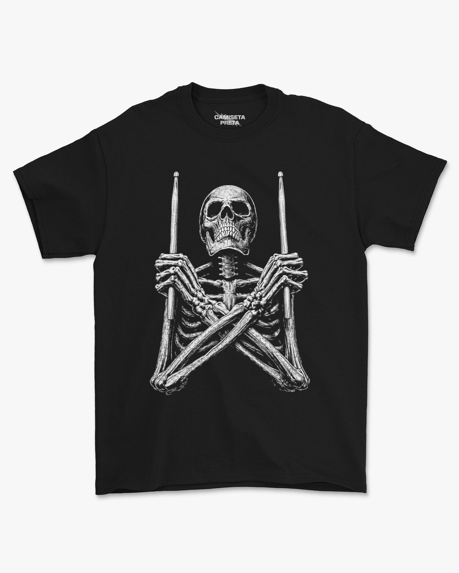 Camiseta Preta Rock Metal Caveira com Baquetas