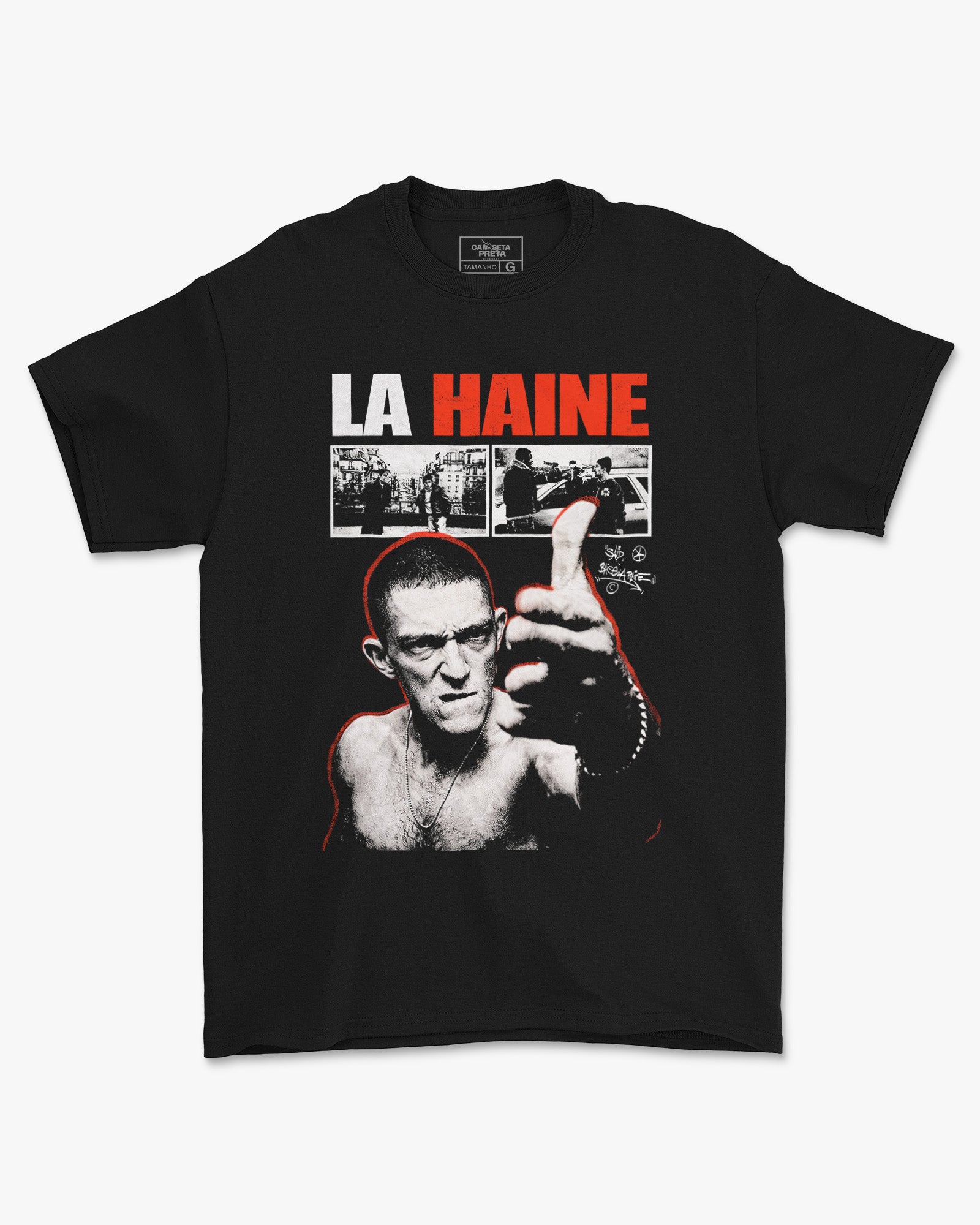 Camiseta Preta La Haine Vinz Integrante Visual Clássico Unissex