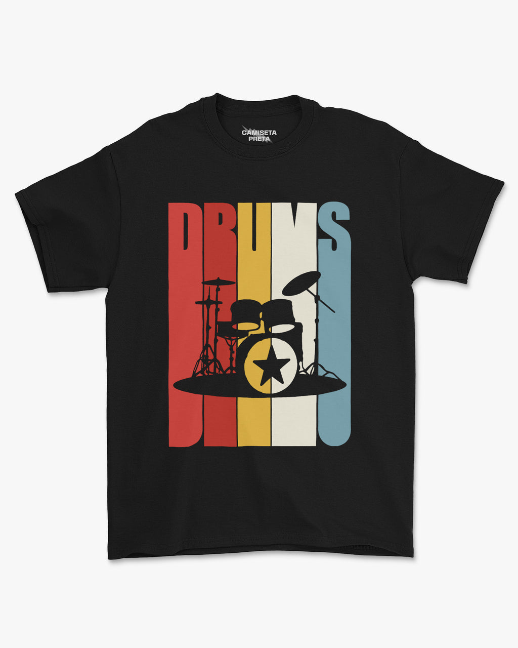 Camiseta Preta Rock Drums Estampa Vintage