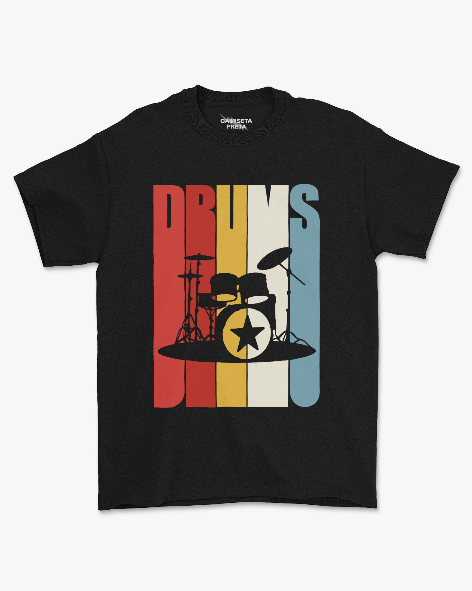 Camiseta Preta Rock Drums Estampa Vintage