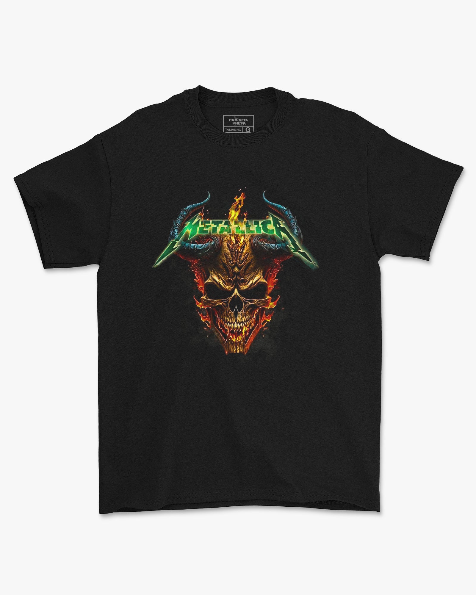 Camiseta Preta Metallica Fire Skull