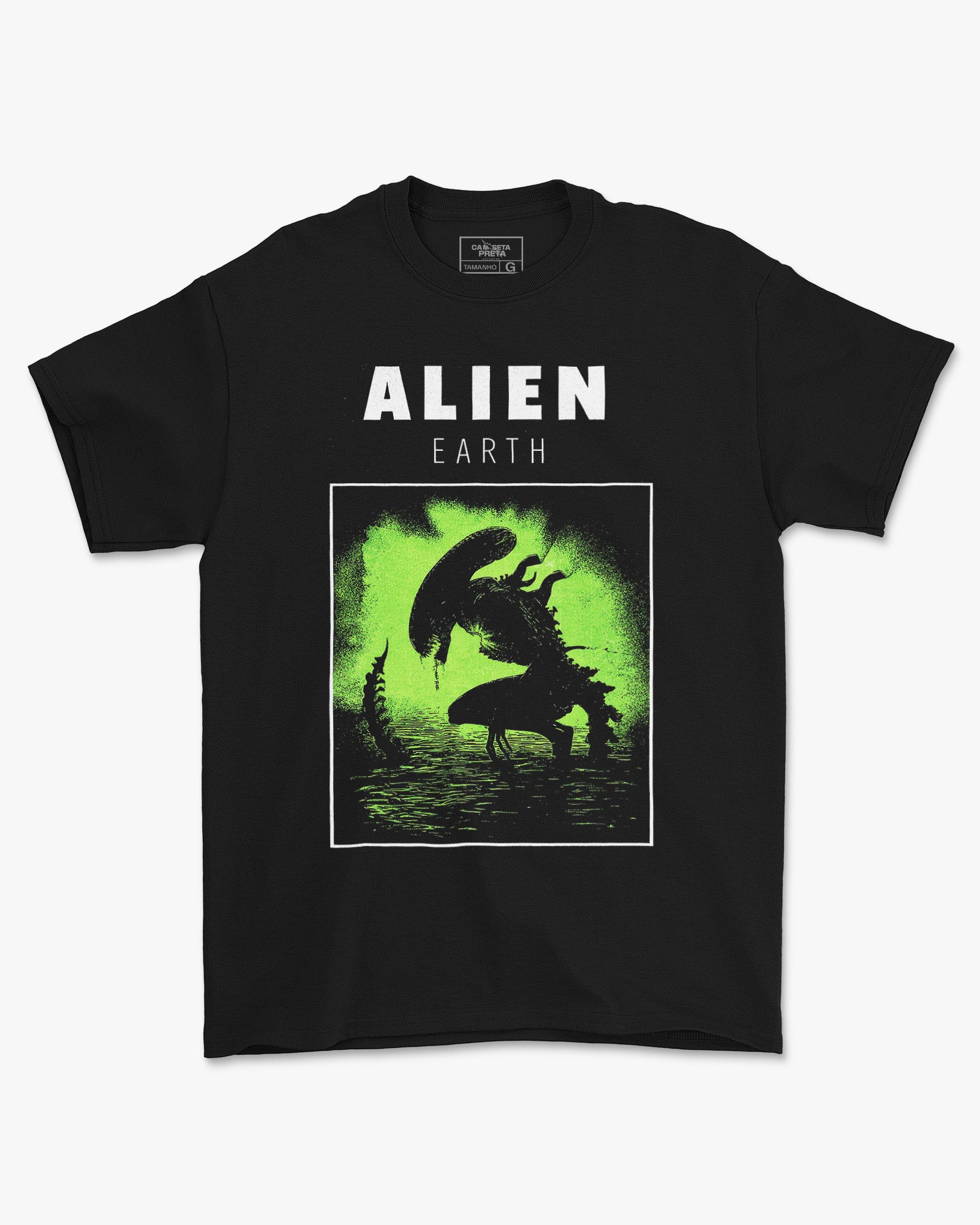 Camiseta Preta Alien Earth Estampa Verde Estilo Sci Fi Futurista