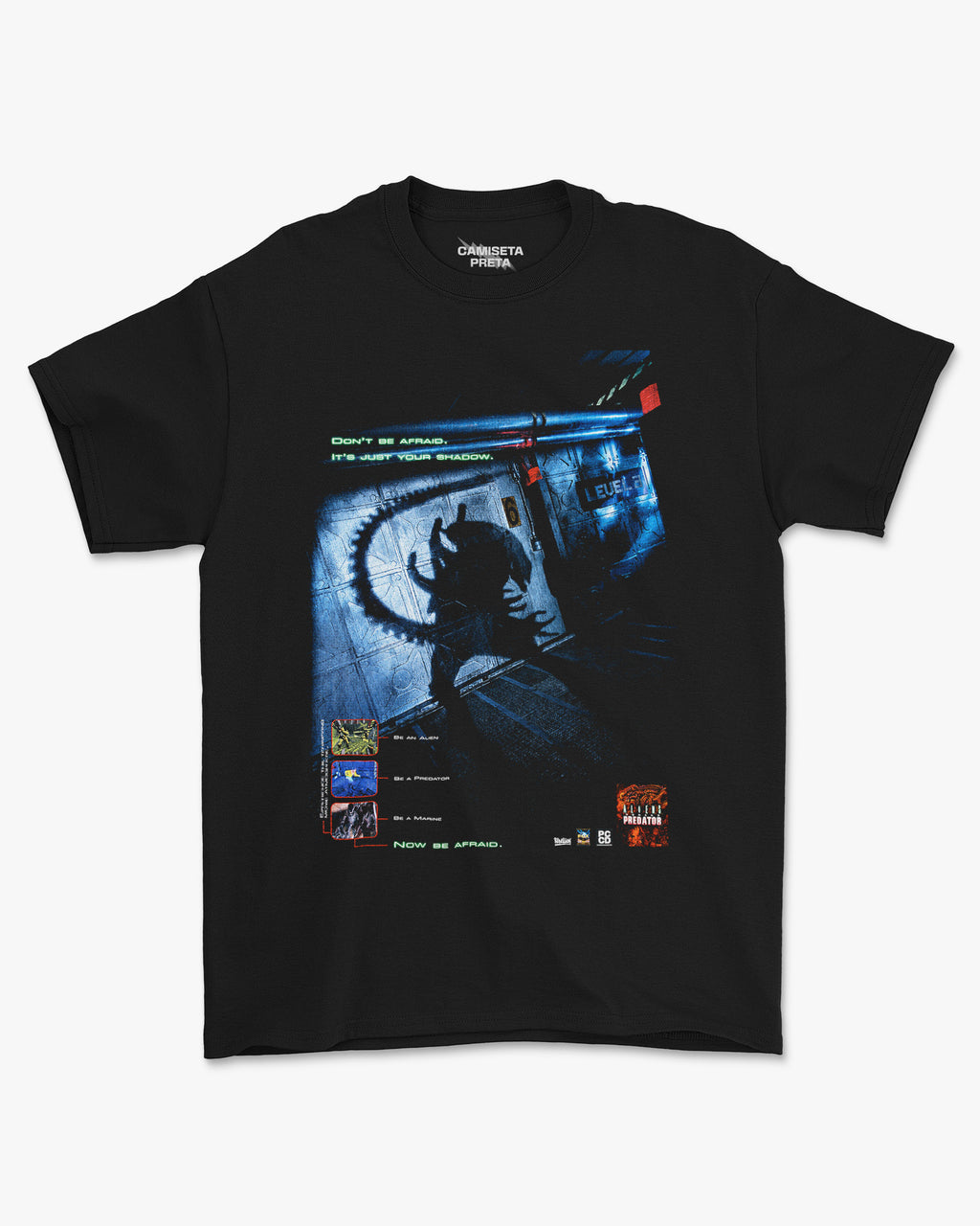 Camiseta Preta Alien vs Predator Don’t Be Afraid