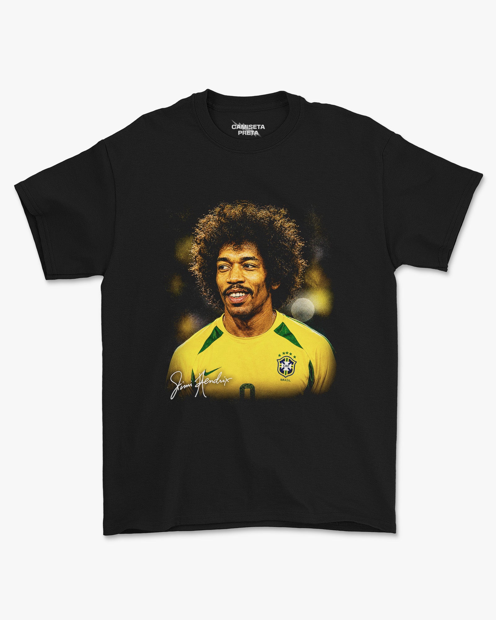 Camiseta Preta Jimi Hendrix Vestindo a Amarelinha