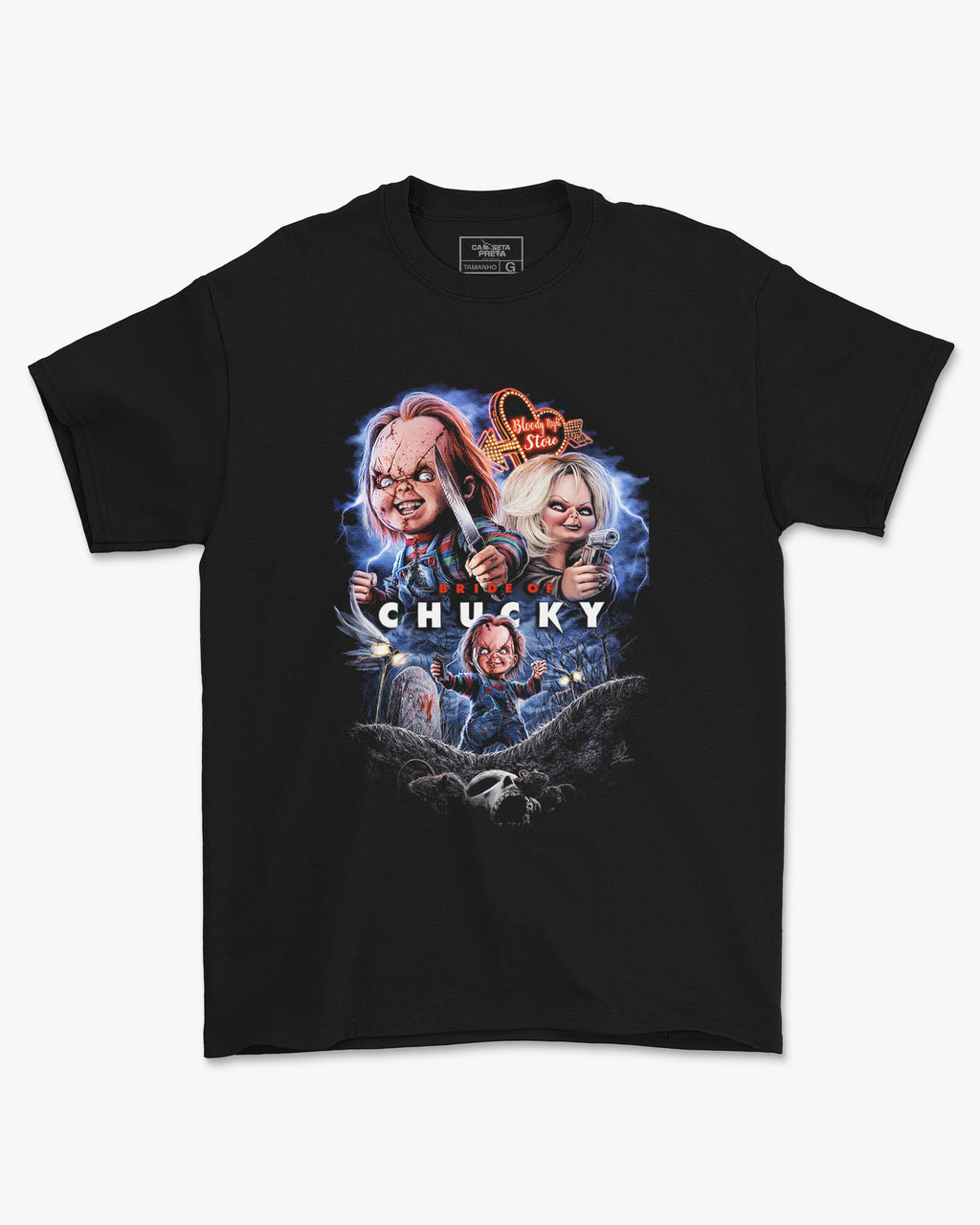Camiseta Preta Chucky & Tiffany Cemetery Love Unissex