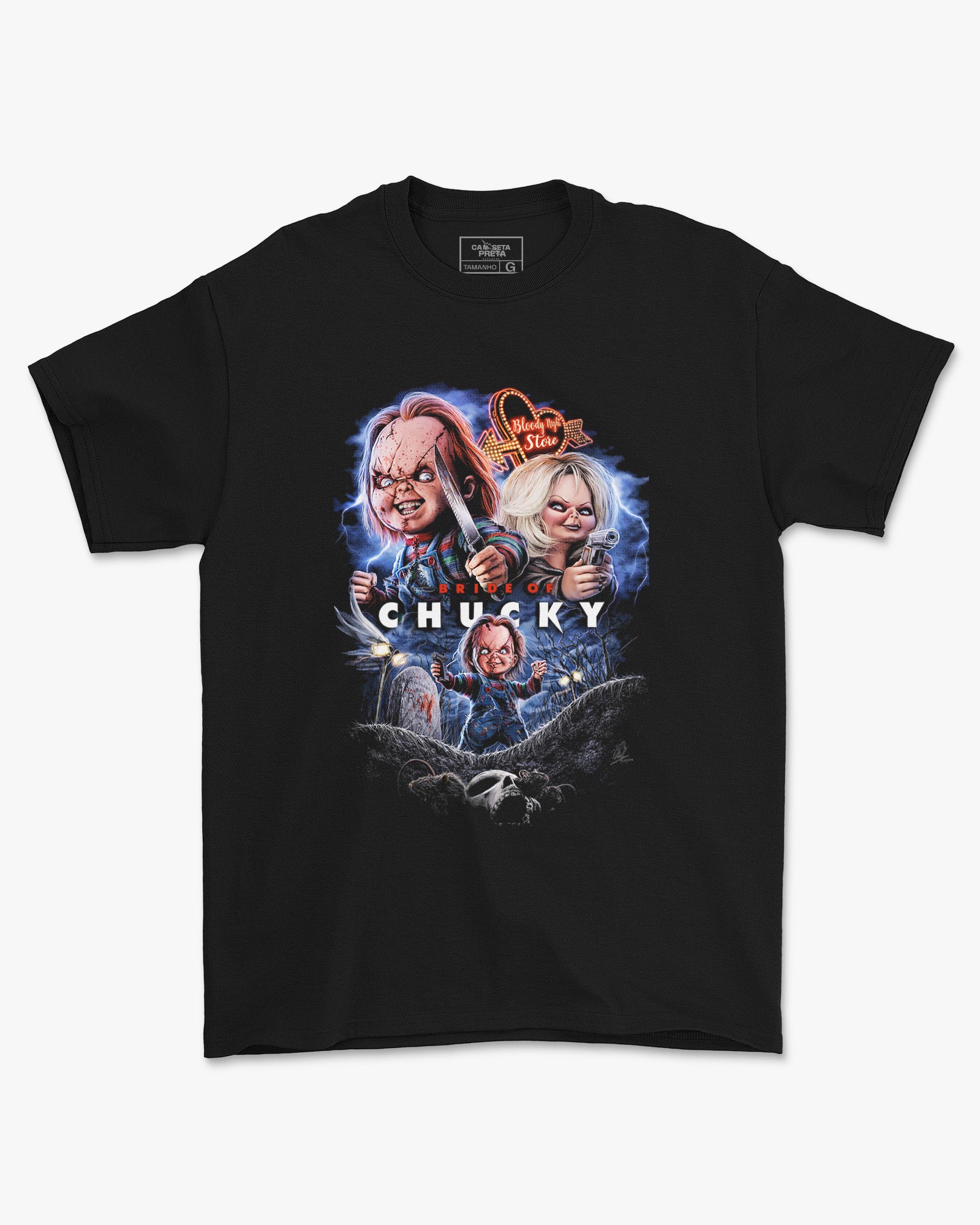 Camiseta Preta Chucky & Tiffany Cemetery Love Unissex