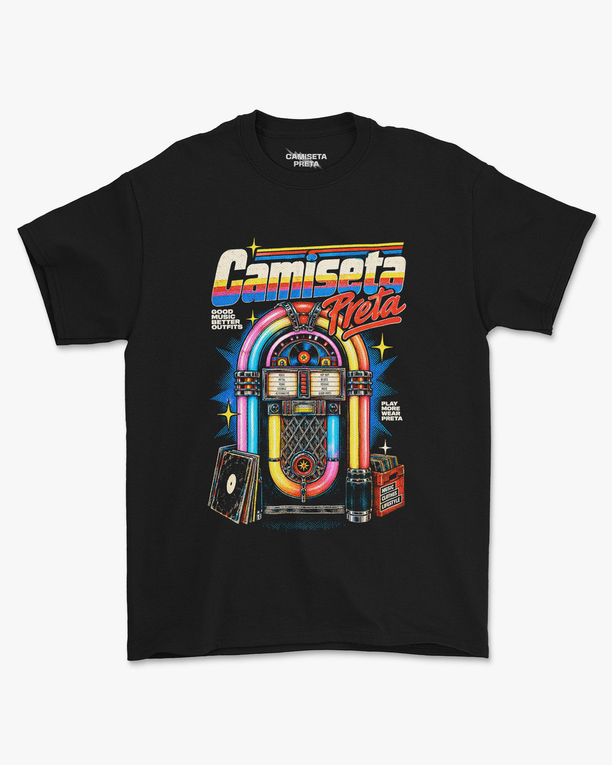 Camiseta Preta Jukebox Good Music Better Outfits