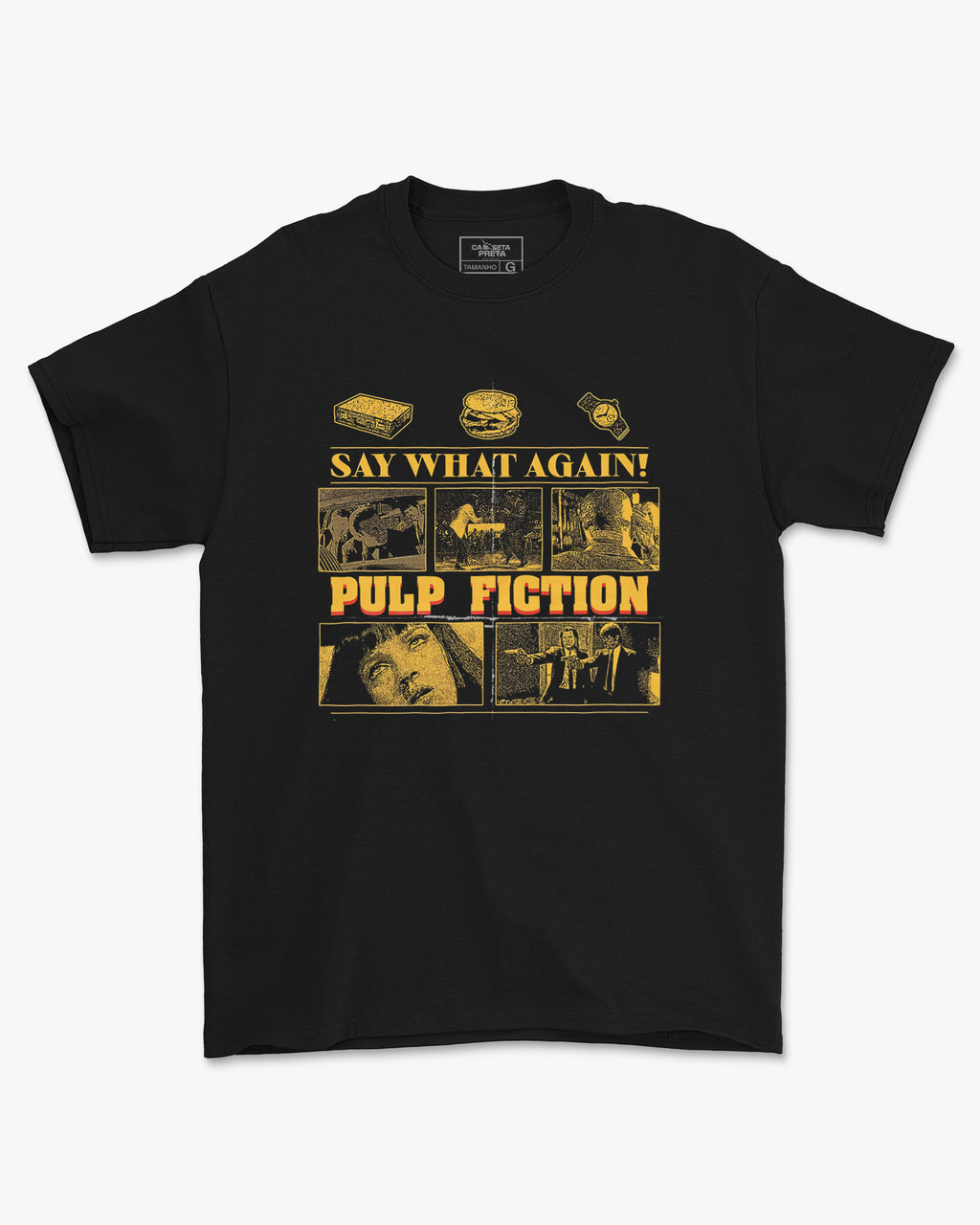 Camiseta Preta Pulp Fiction Say What Again Unissex