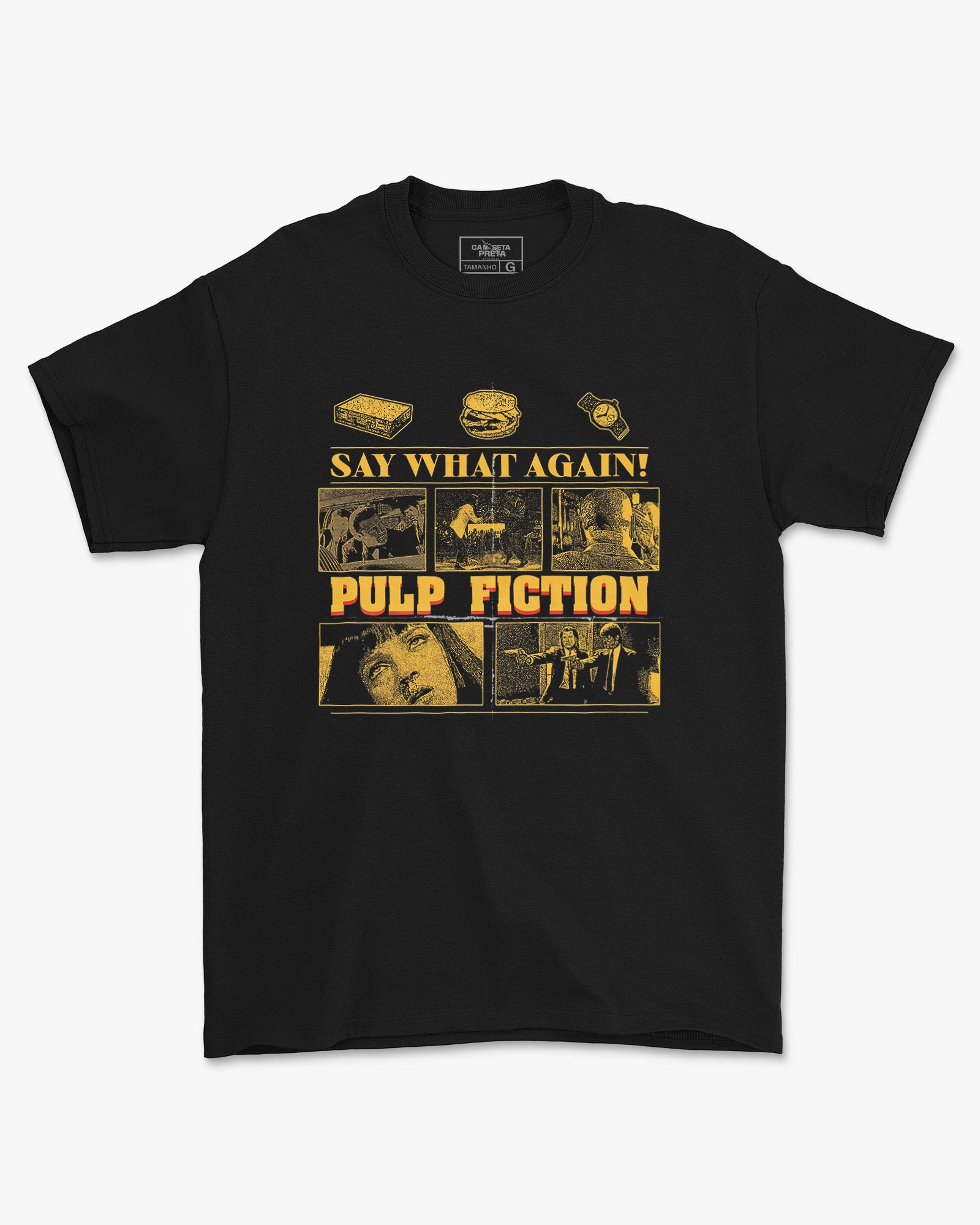 Camiseta Preta Pulp Fiction Say What Again Unissex