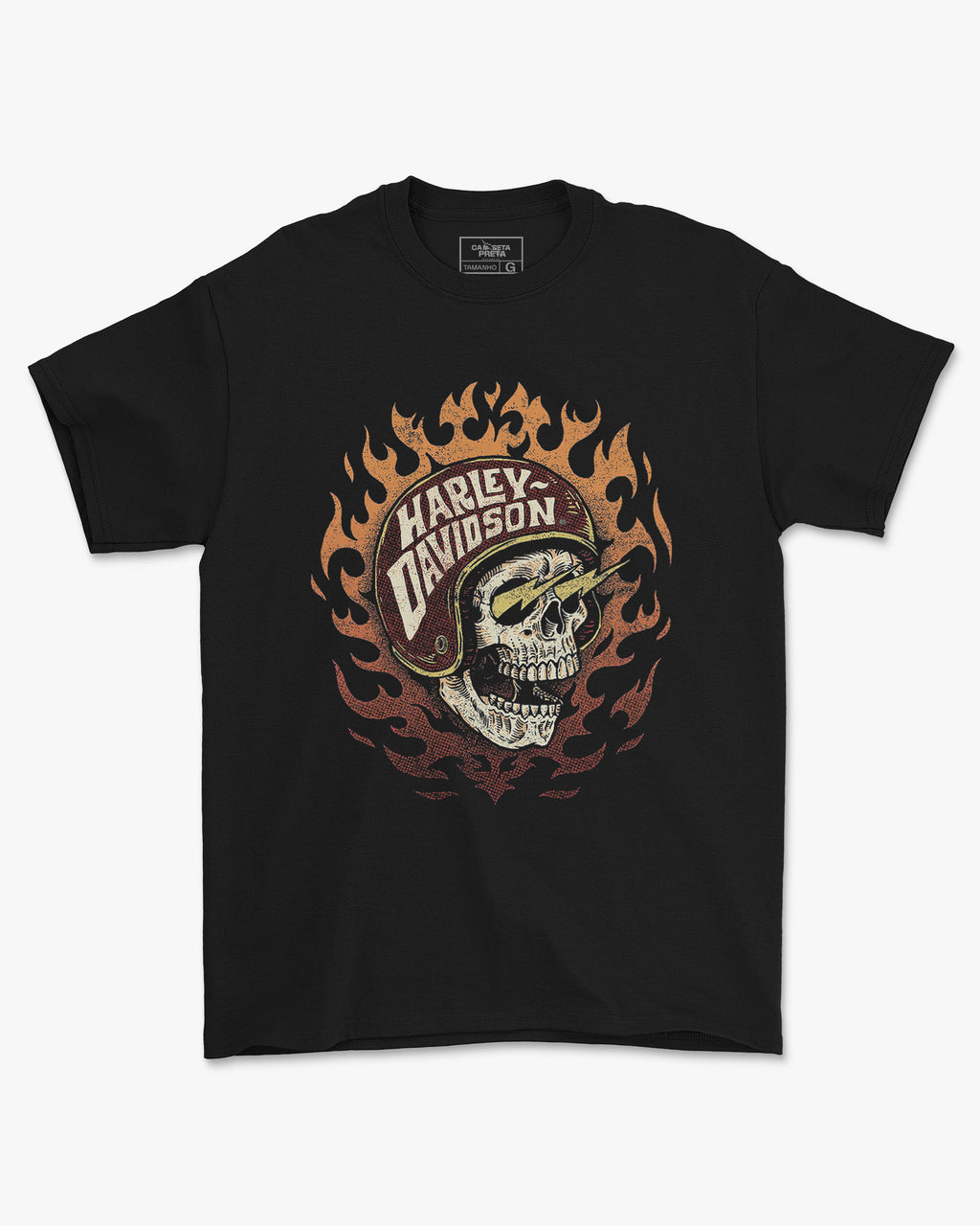 Camiseta Preta Caveira em Chamas Capacete Moto Estilo Biker