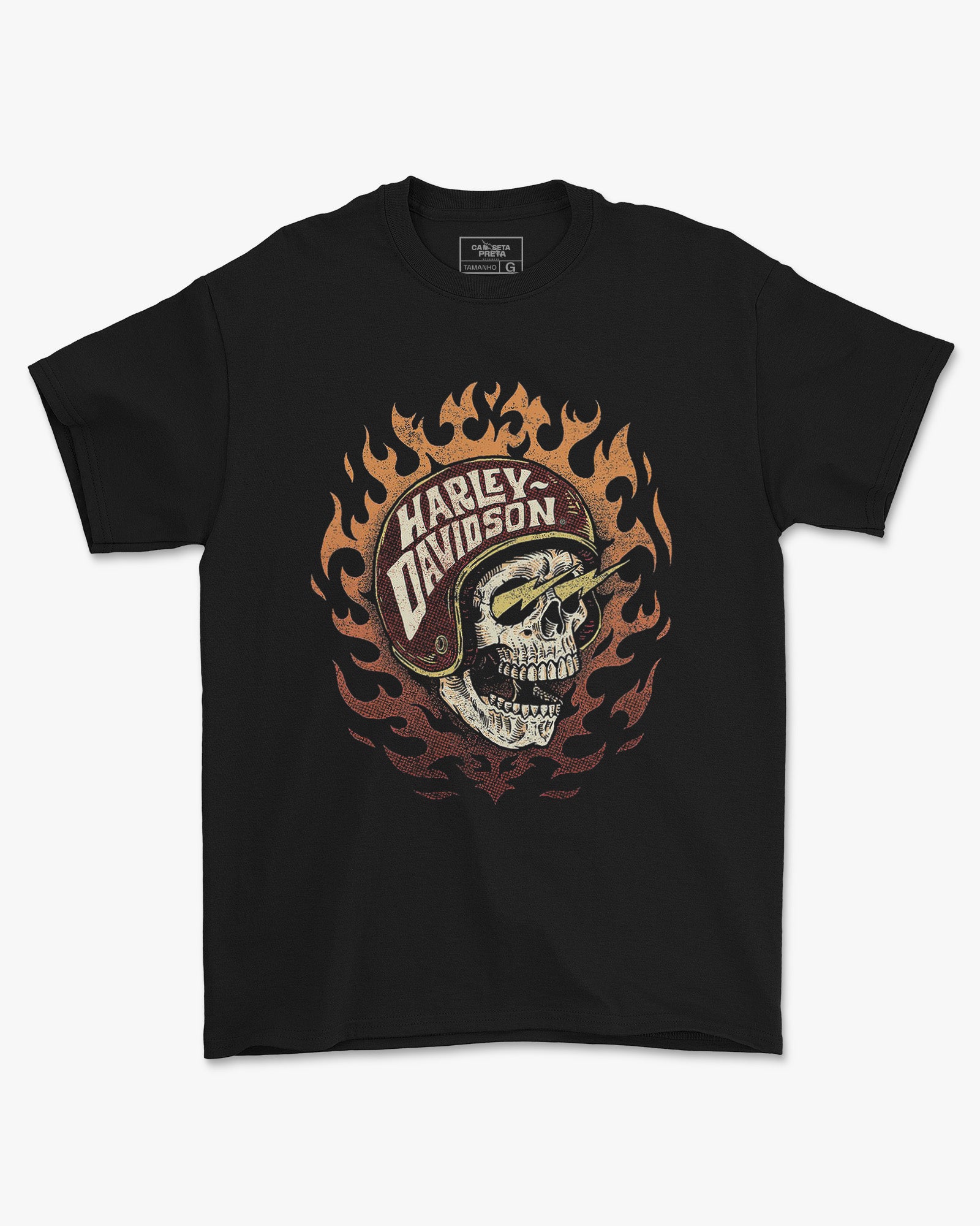 Camiseta Preta Caveira em Chamas Capacete Moto Estilo Biker