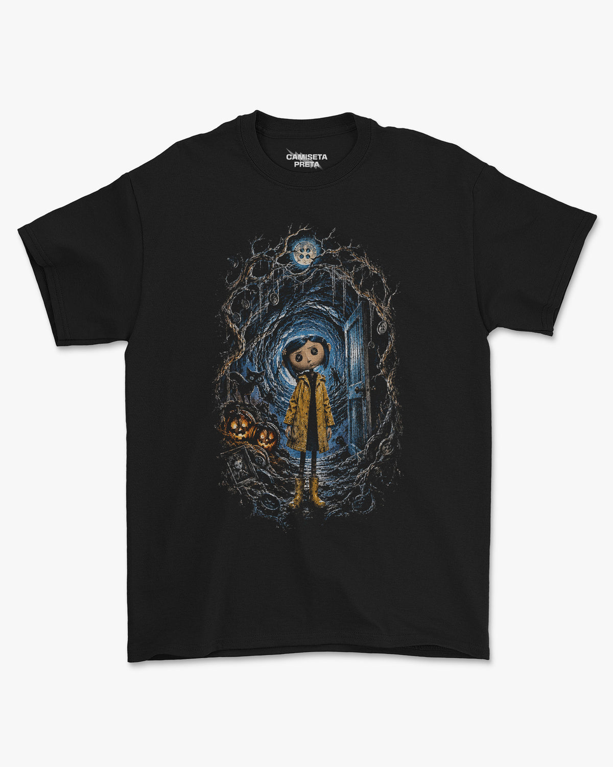 Camiseta Preta Coraline Button Eyes Tunnel