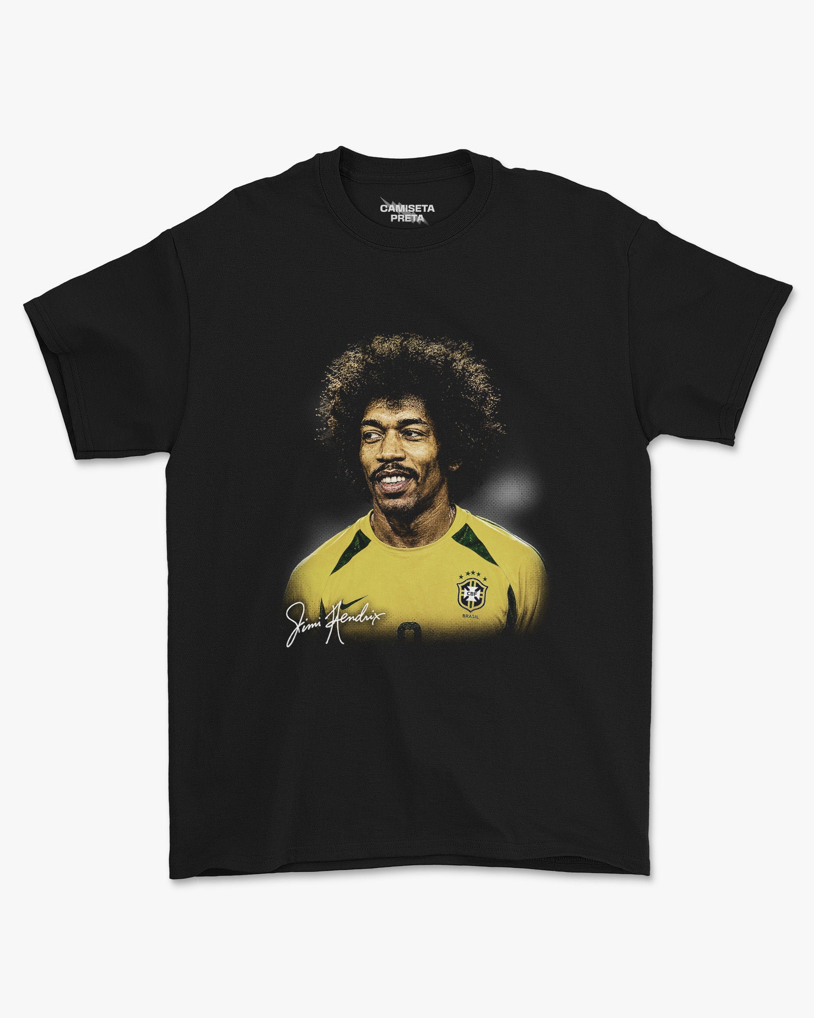 Camiseta Preta Jimi Hendrix Vestindo a Amarelinha