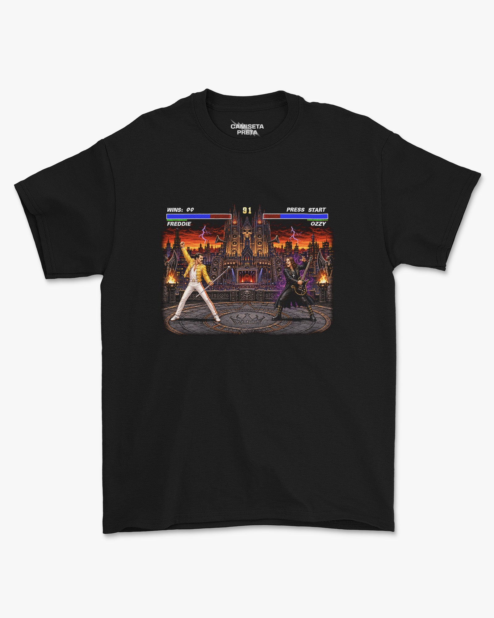 Camiseta Preta Ultimate Rock Fighters Freddie Vs Ozzy