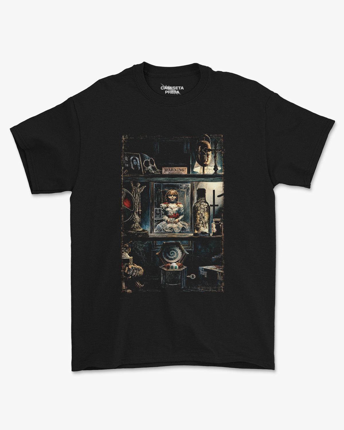 Camiseta Preta Annabelle Cabinet of Curses