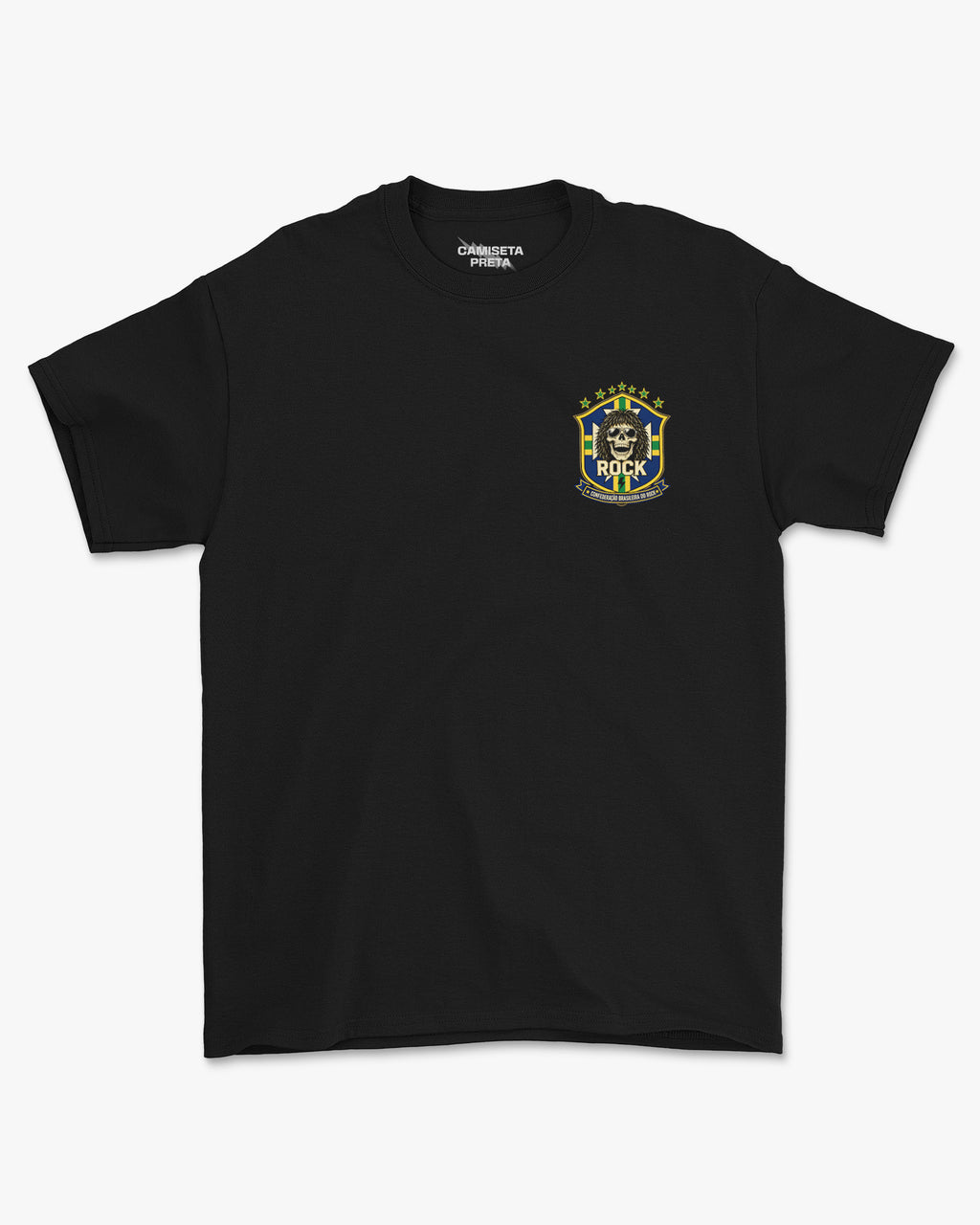 Camiseta Preta Camisa 10 da Seleção Brasileira do Rock Mão Esqueleto