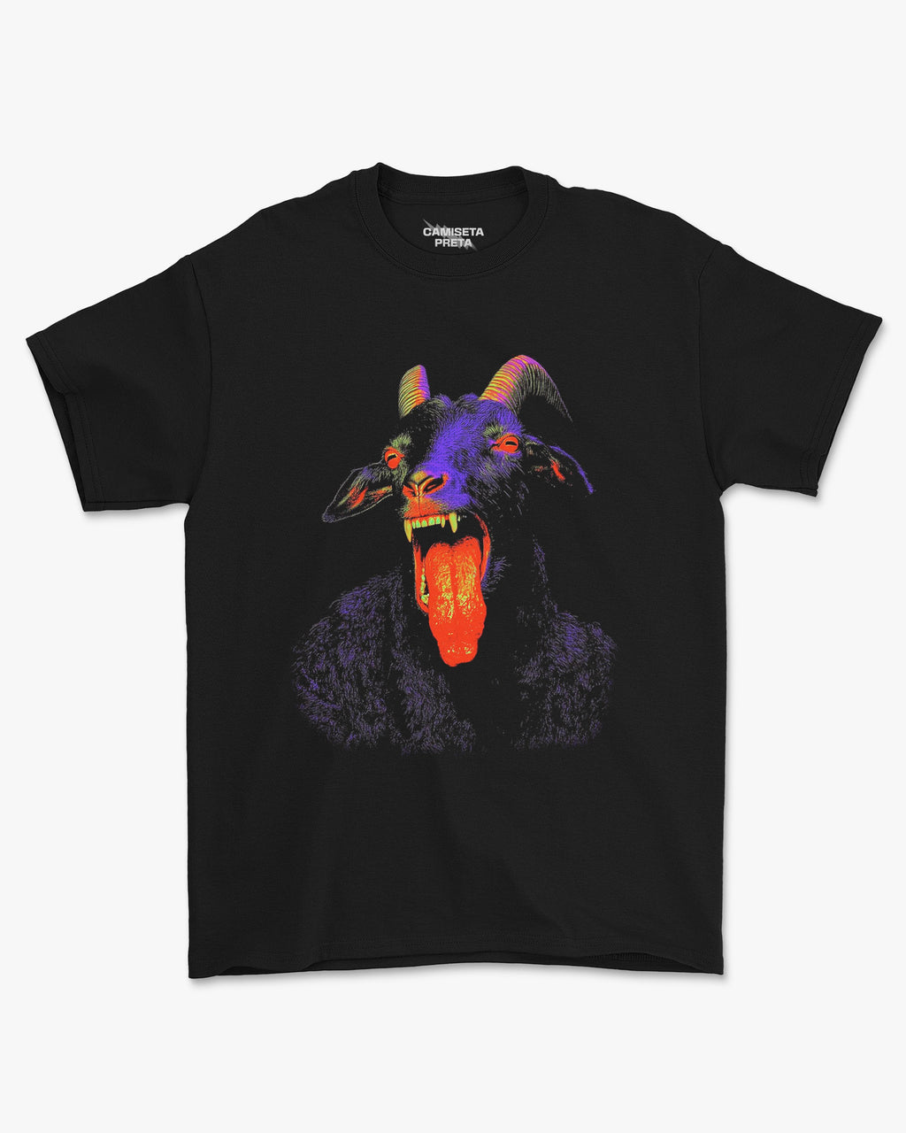 Camiseta Preta Baphomet Goat Dark Art Neon