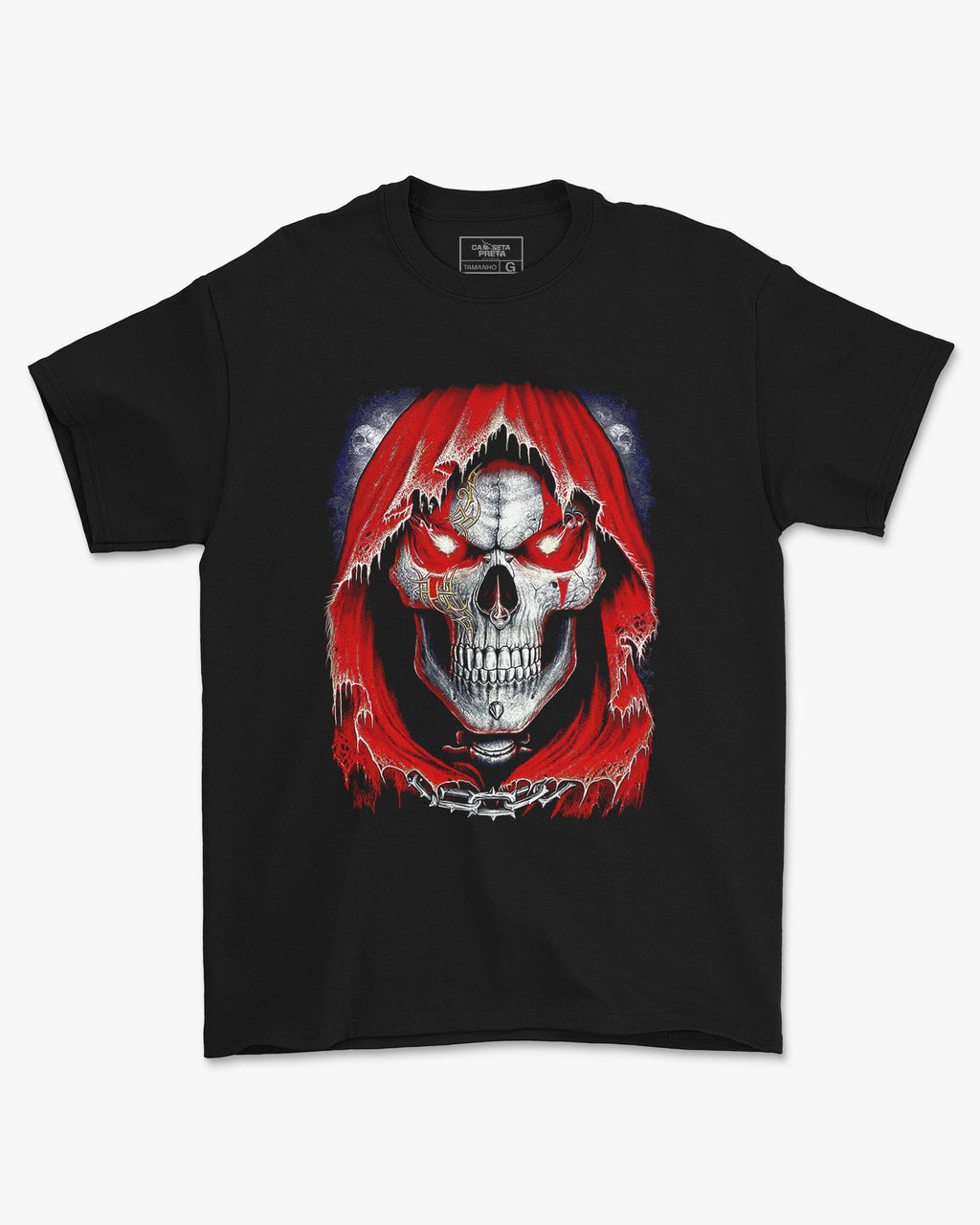 Camiseta Preta Caveira Capuz Vermelho