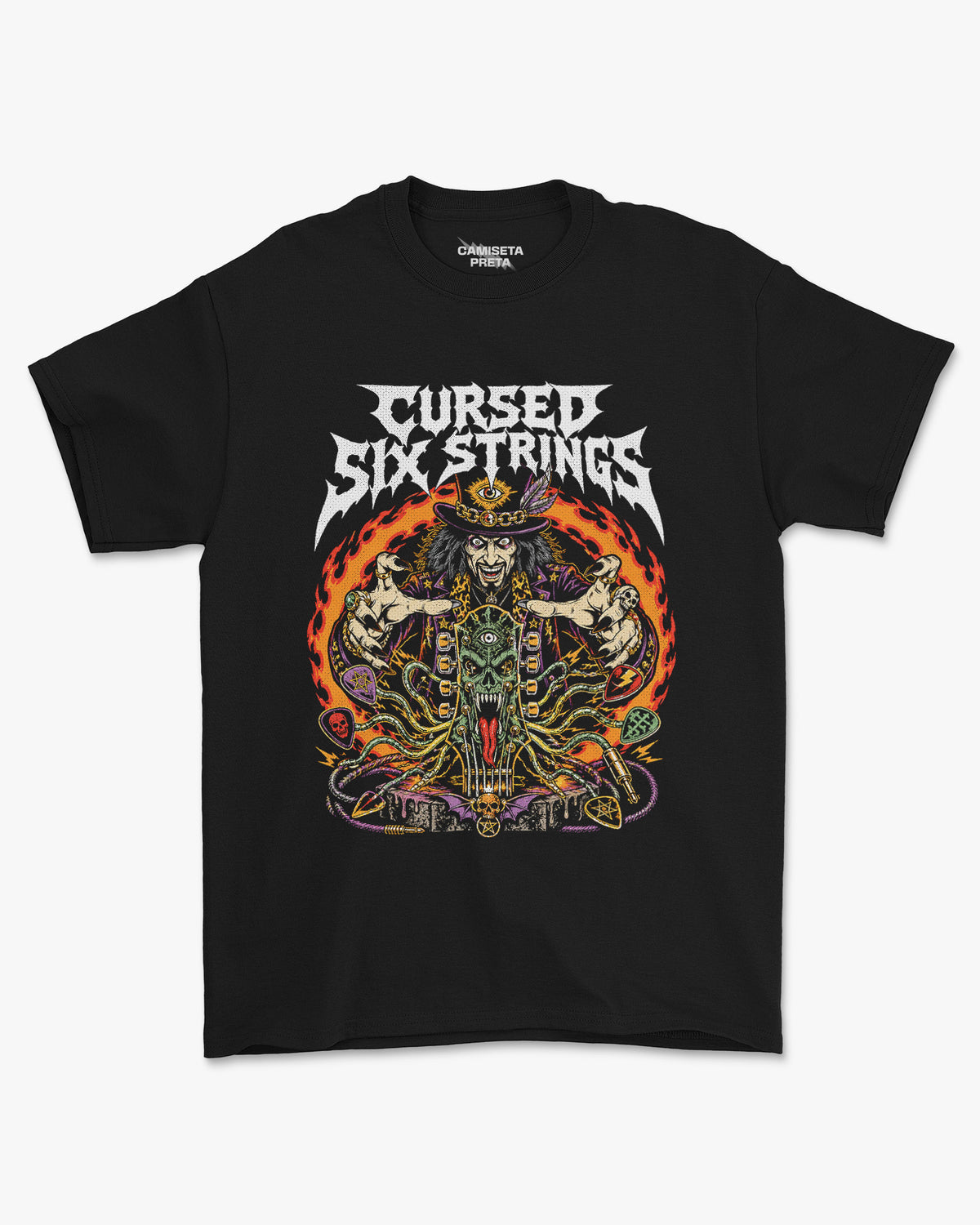 Camiseta Preta Cursed Six Strings Guitar Ritual