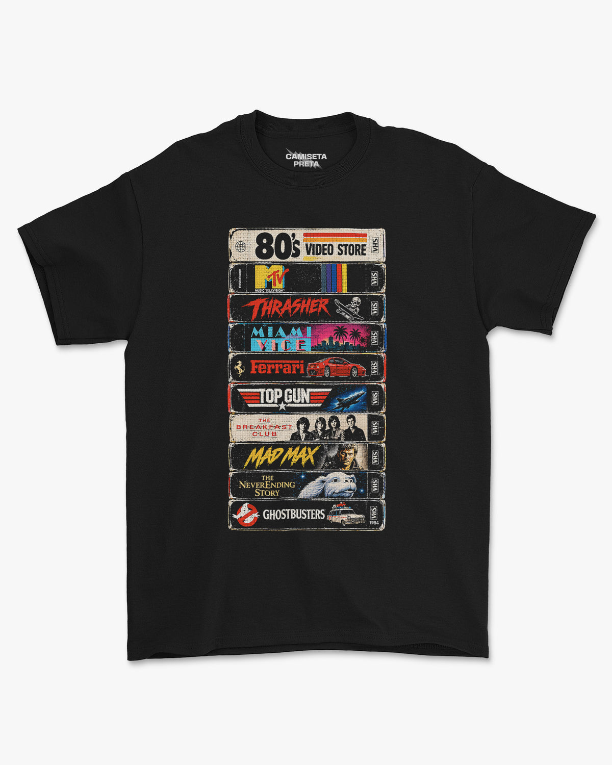 Camiseta Preta VHS 80’s Video Store Rewind the 80s