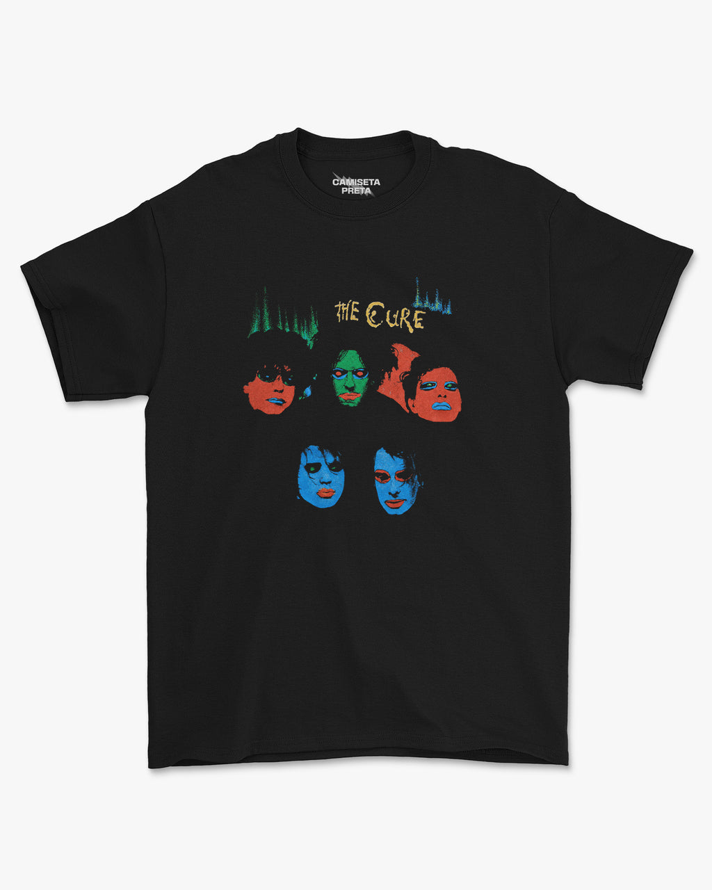 Camiseta Preta The Cure Color Faces Estampa Artística da Banda