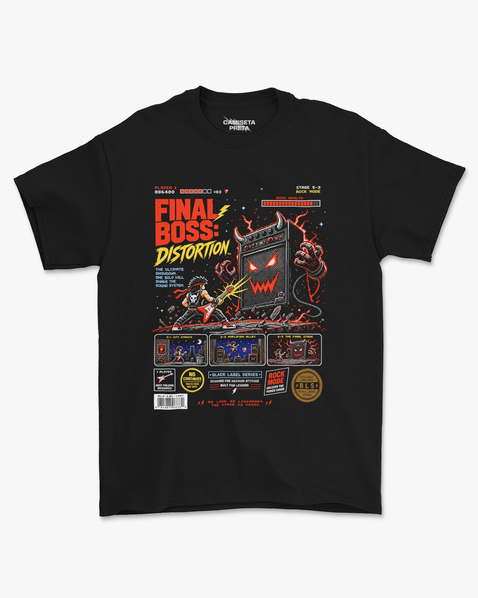 Camiseta Preta Rock Mode Final Boss Distortion
