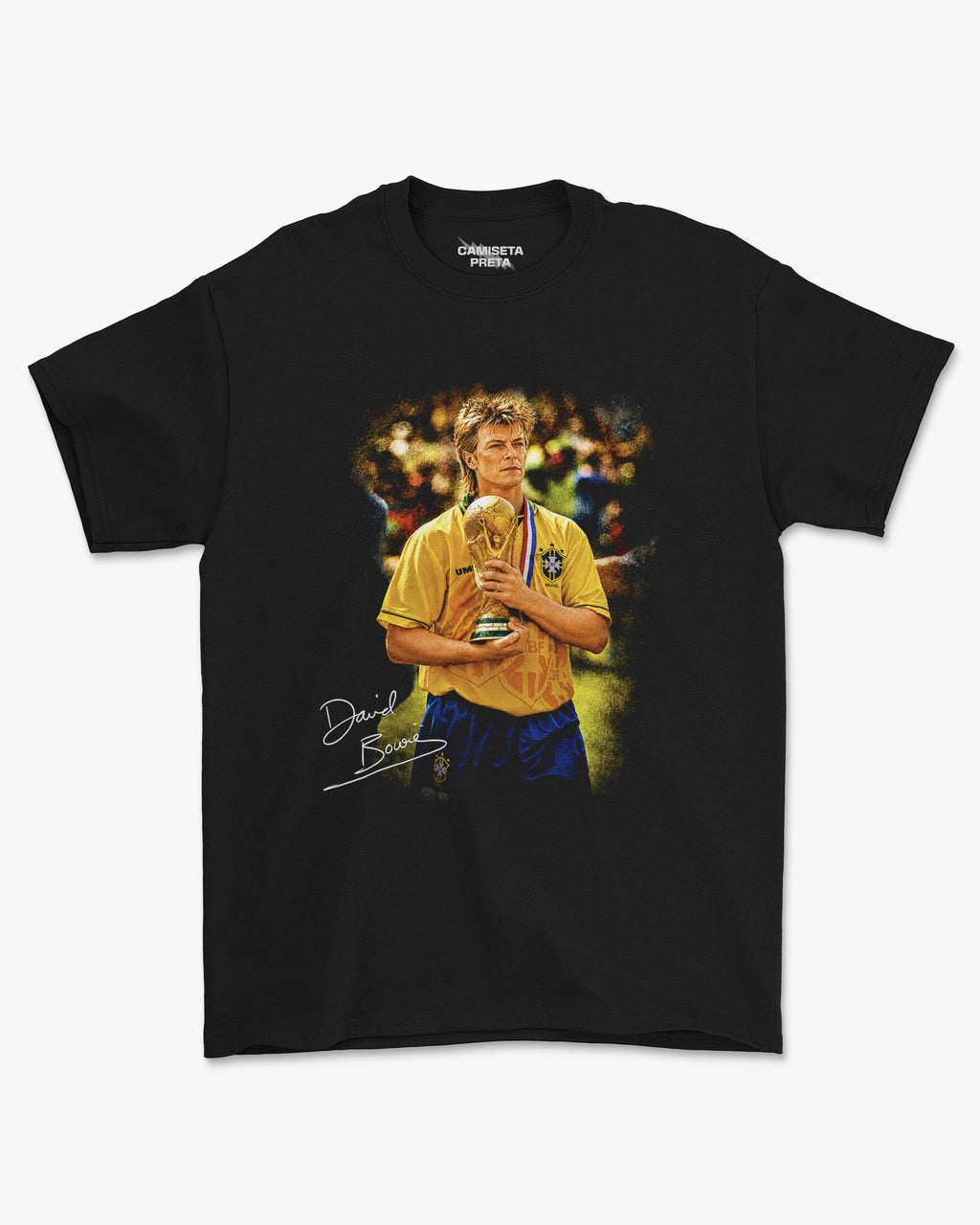 Camiseta Preta David Bowie Levando a Copa Para Casa