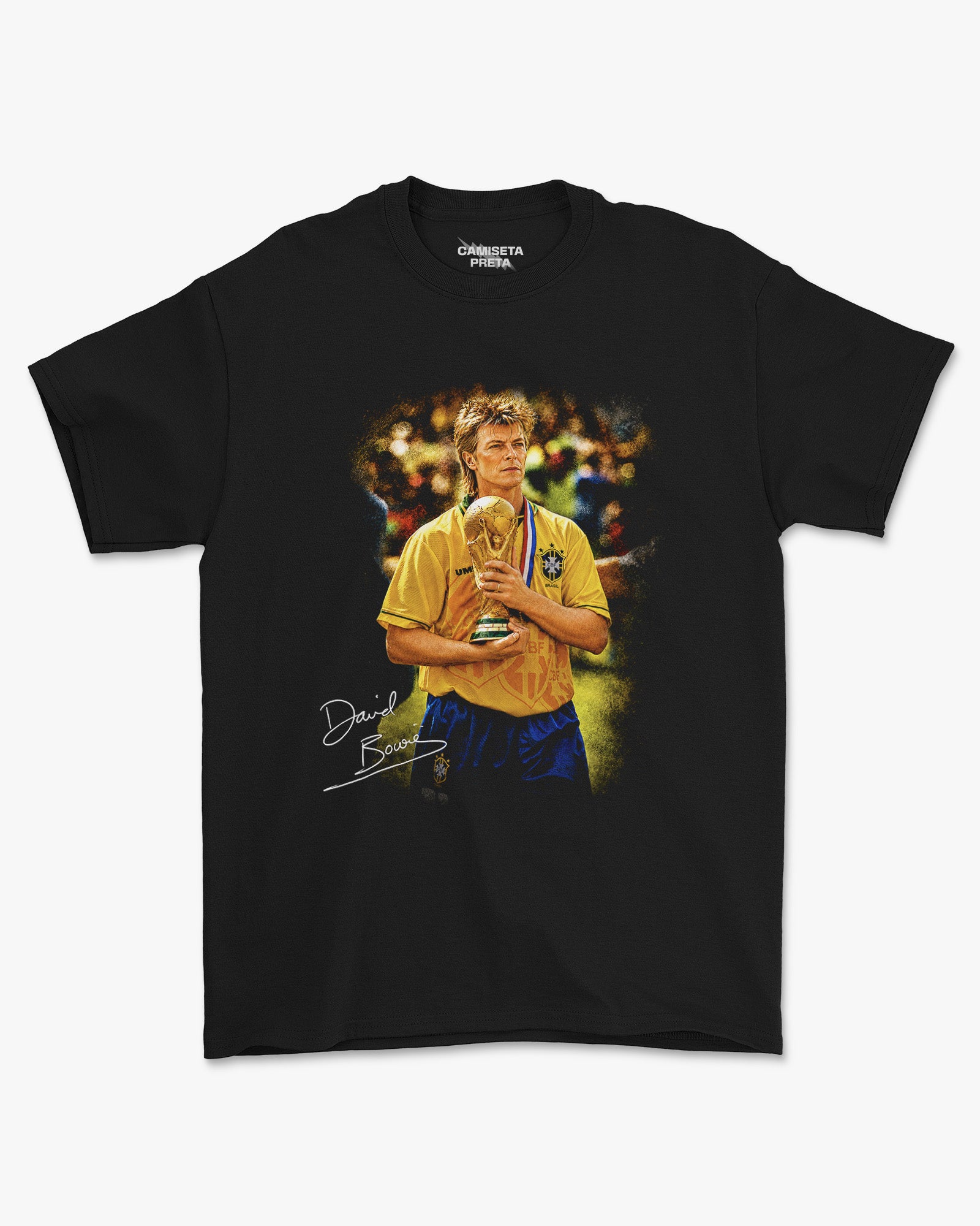 Camiseta Preta David Bowie Levando a Copa Para Casa