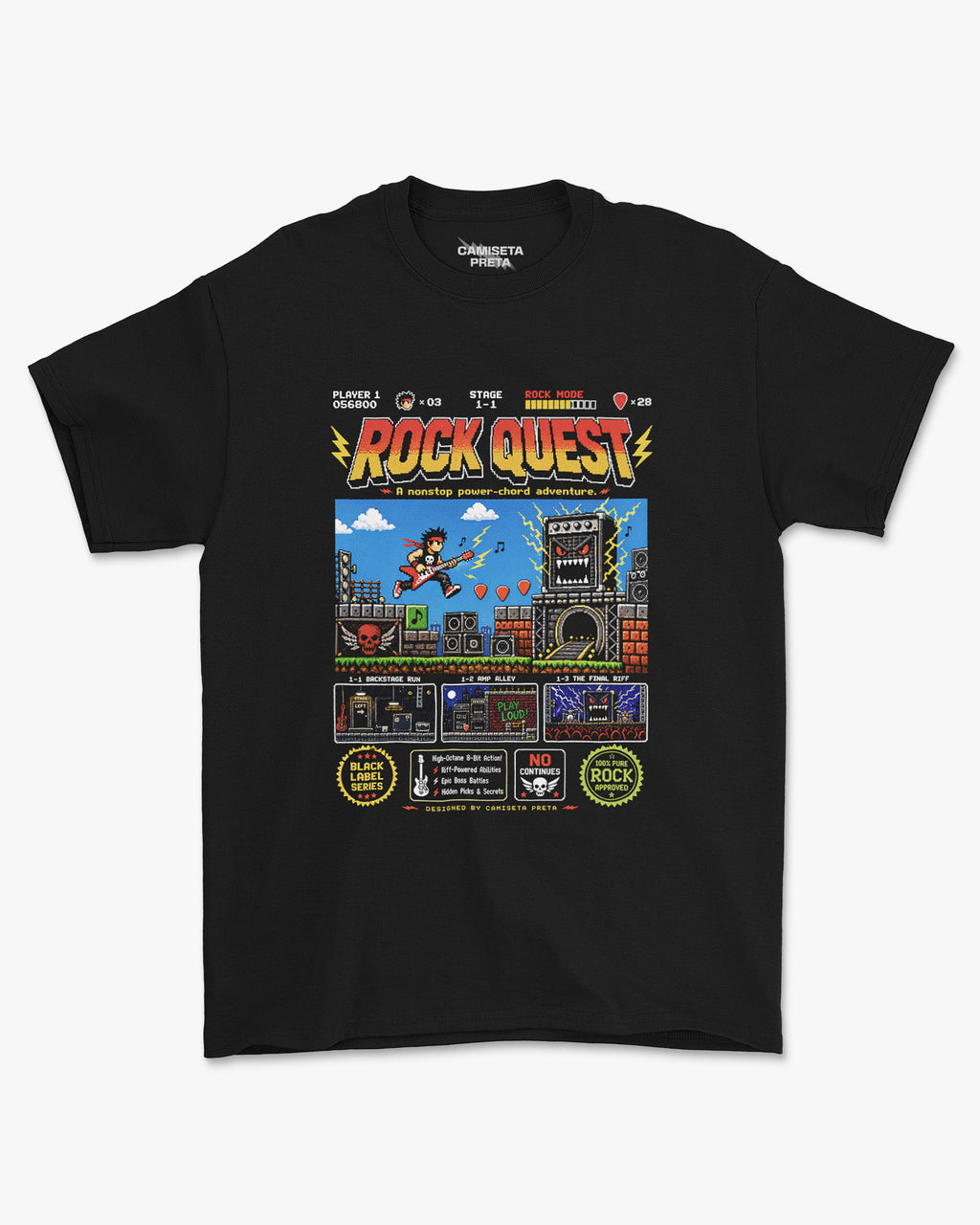 Camiseta Preta Rock Quest The Ultimate Power Chord Adventure