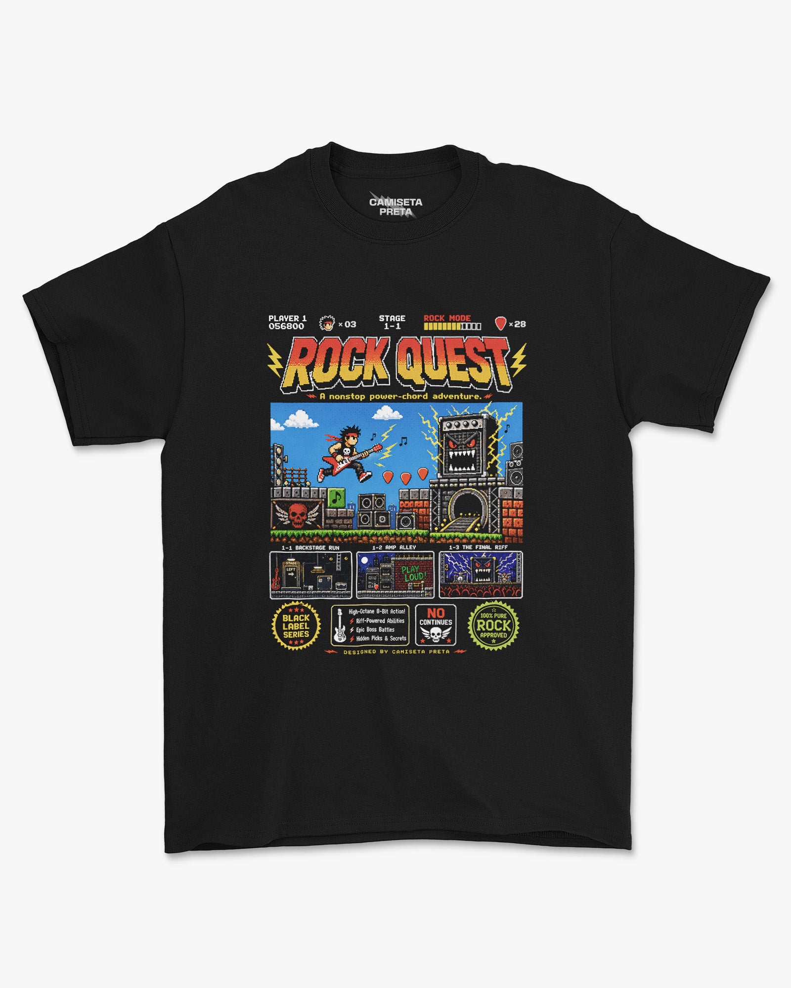 Camiseta Preta Rock Quest The Ultimate Power Chord Adventure