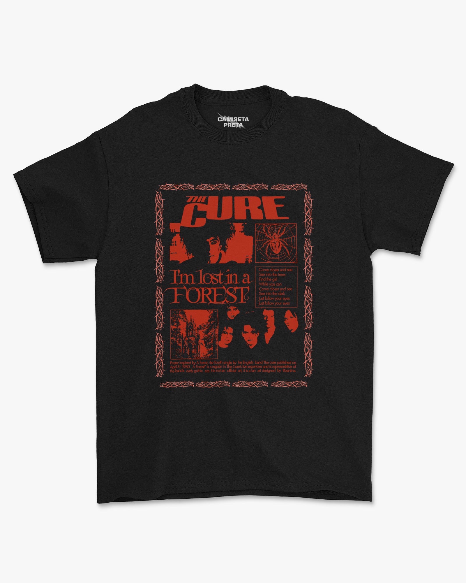 Camiseta Preta The Cure I'm Lost in a Forest Estampa Rock Gótico