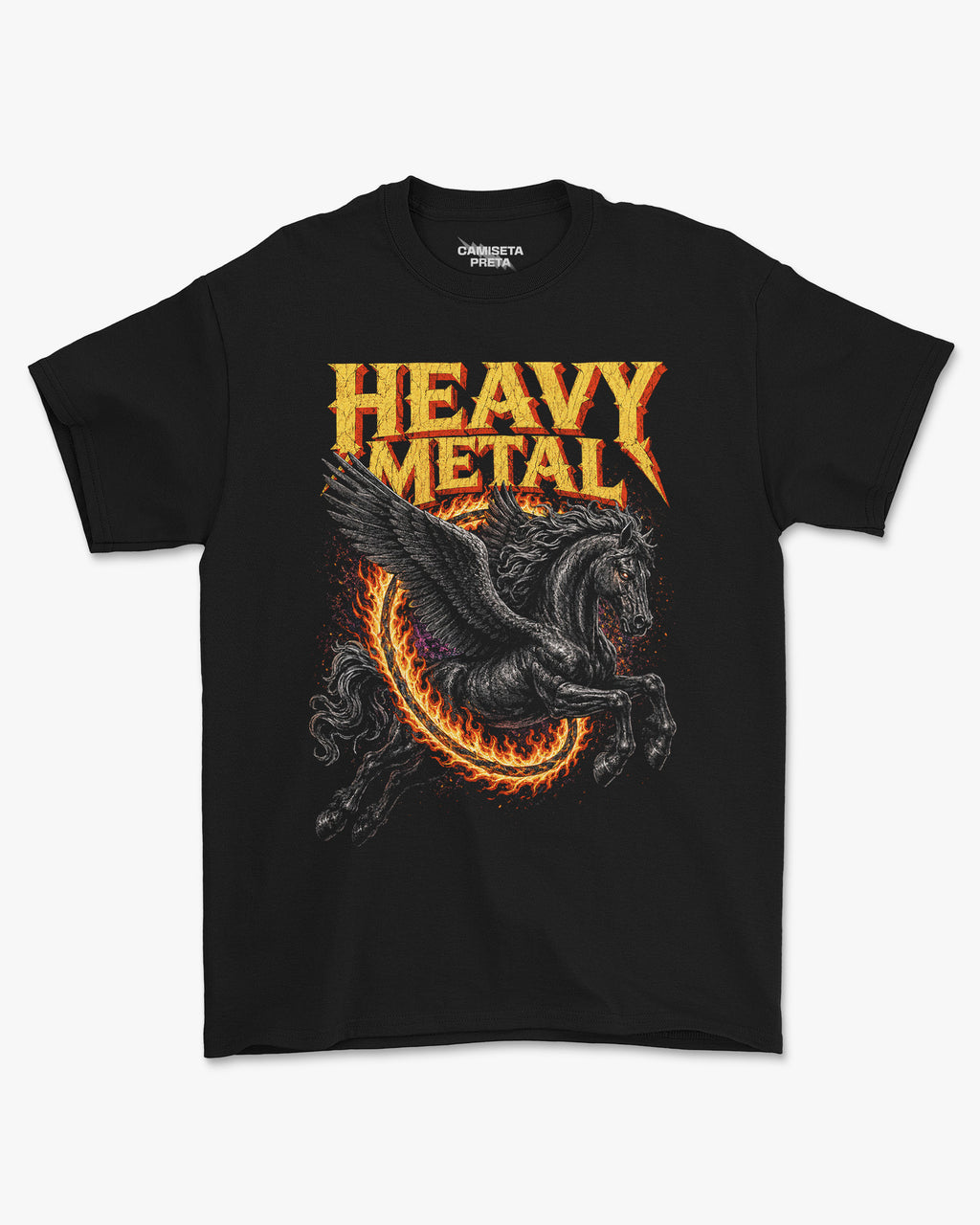 Camiseta Preta Heavy Metal Cavalo Alado em Chamas Rock Pesado