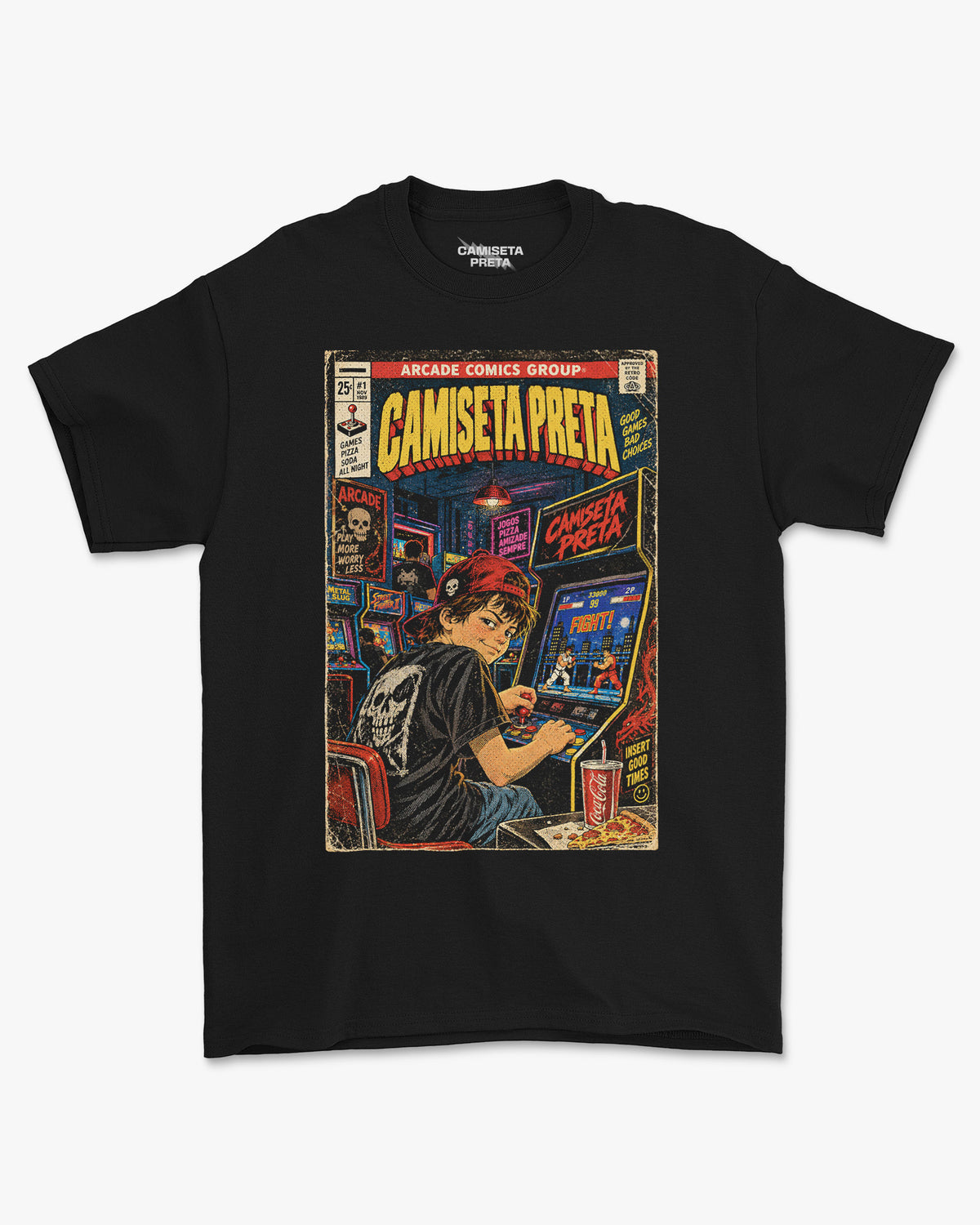 Camiseta Preta Fliperama Good Games Bad Choices