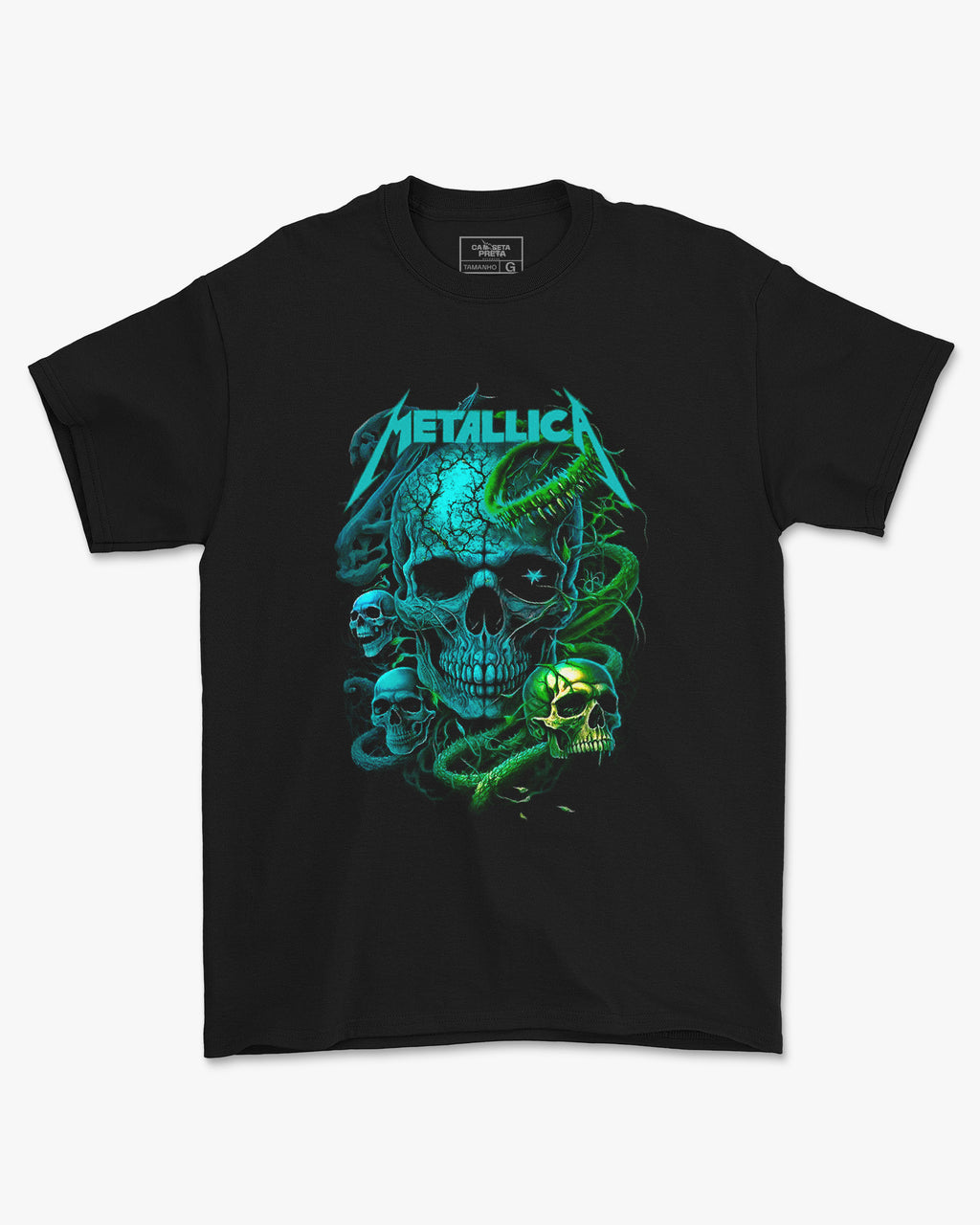 Camiseta Preta Metallica Skull Blue Green