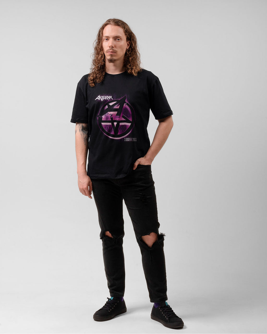 Camiseta Preta Anthrax Logo Roxa Summer 2003 Unissex