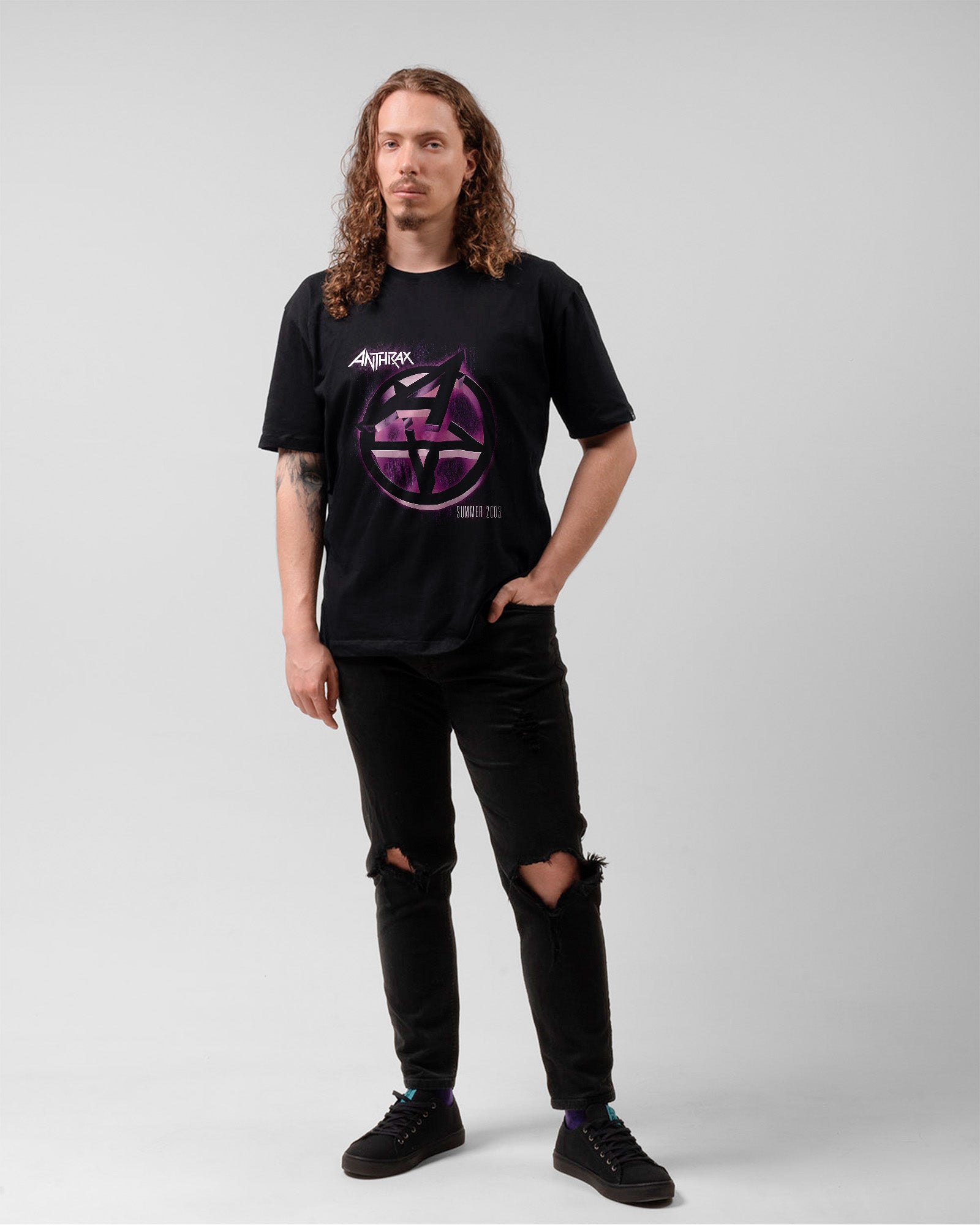 Camiseta Preta Anthrax Logo Roxa Summer 2003 Unissex