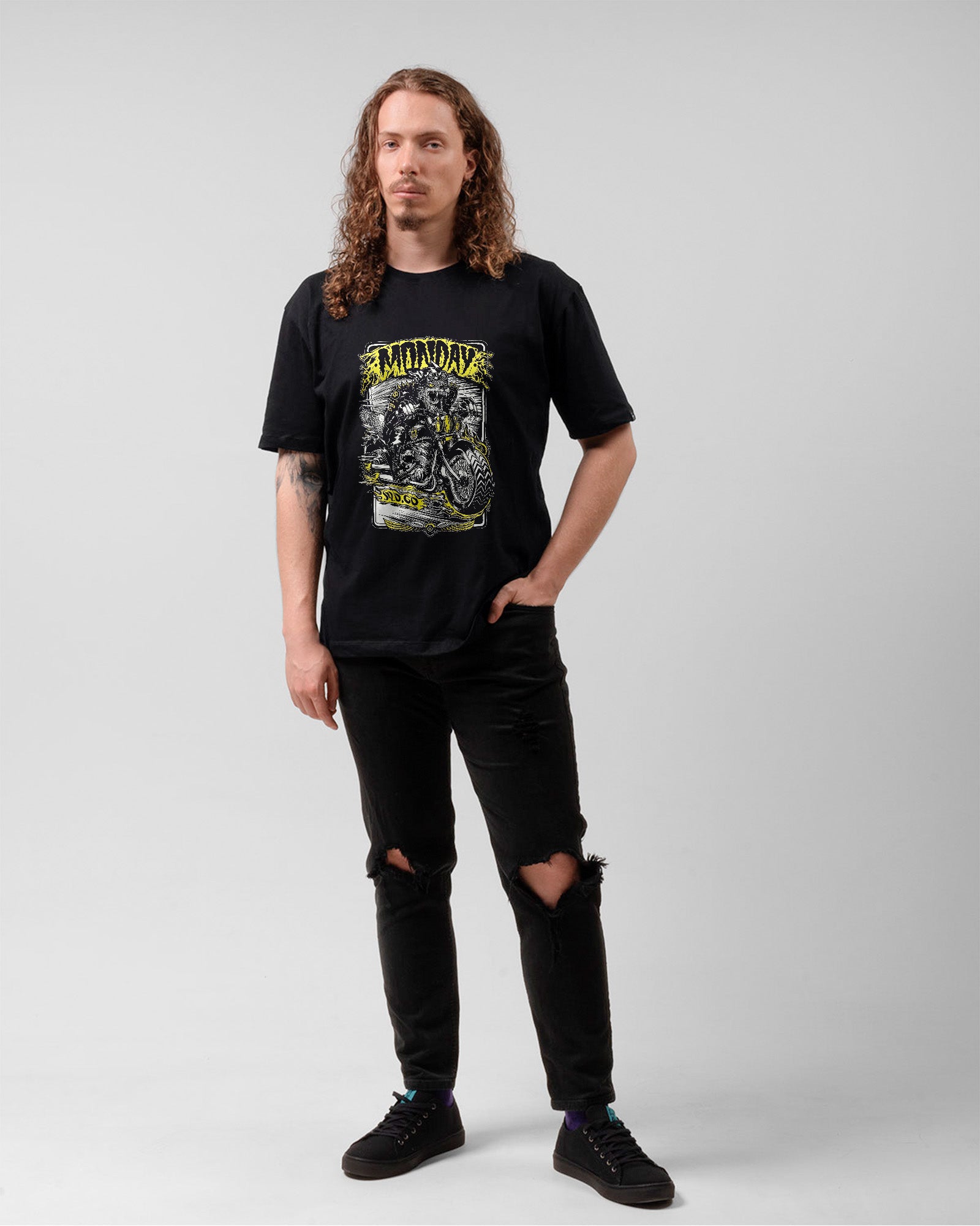 Camiseta Preta Monday Gato Motocicleta Unissex
