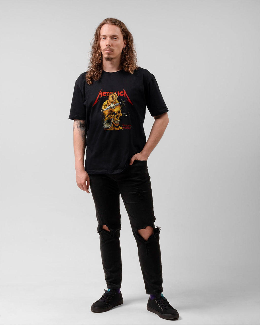 Camiseta Metallica Harvester of Sorrow Caveira Balança Preta Estampada