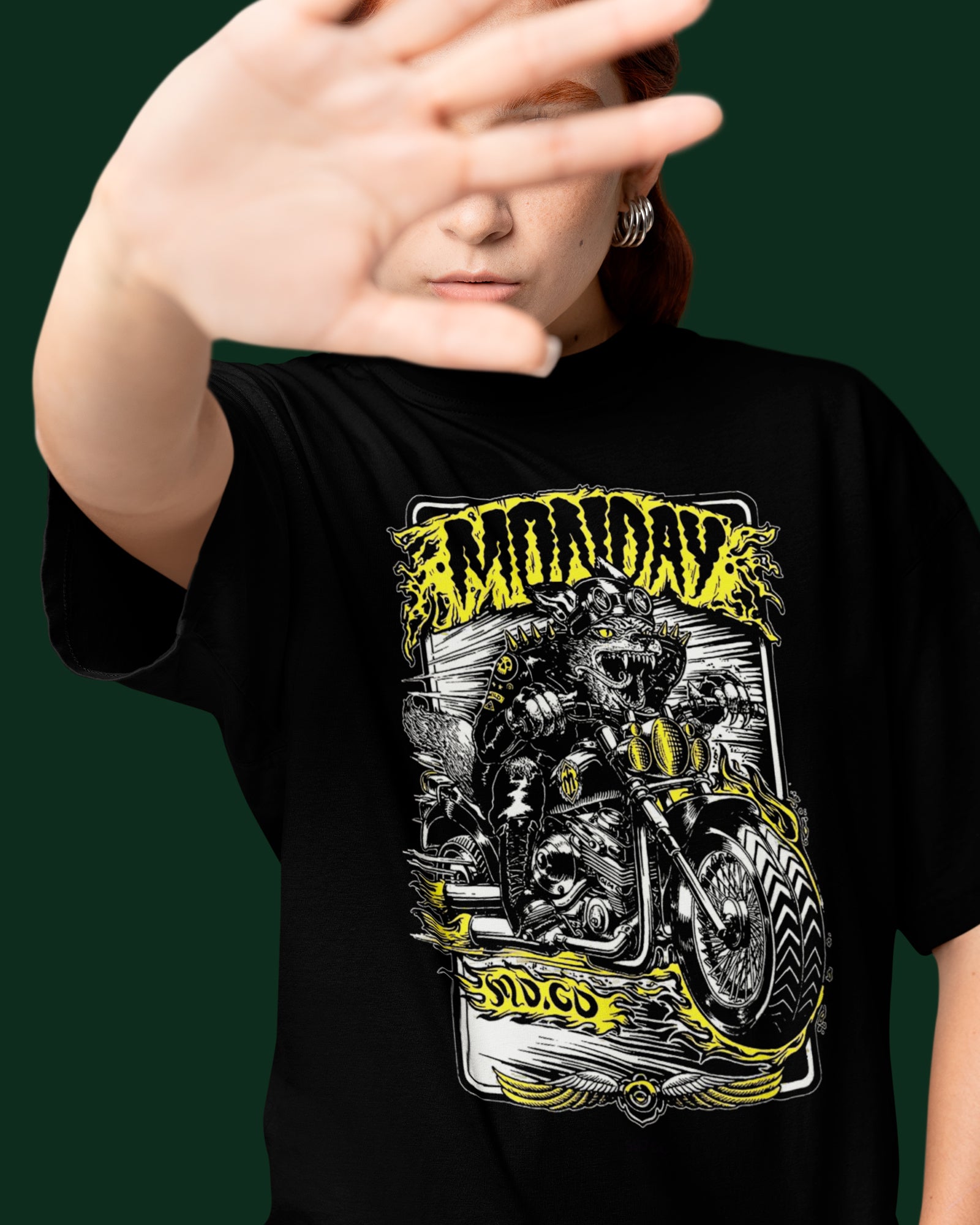 Camiseta Preta Monday Gato Motocicleta Unissex