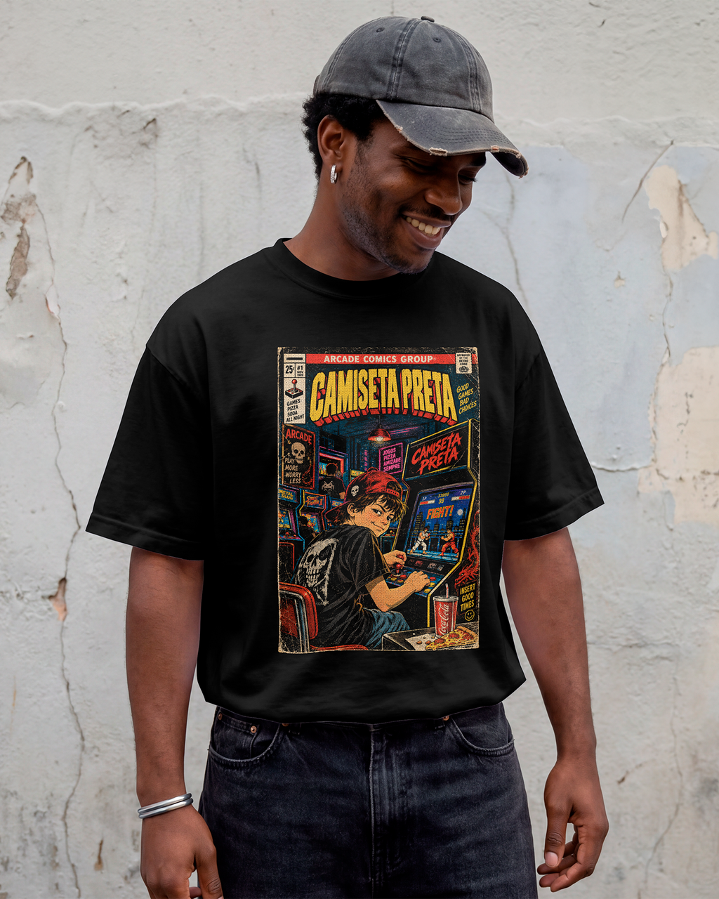 Camiseta Preta Fliperama Good Games Bad Choices