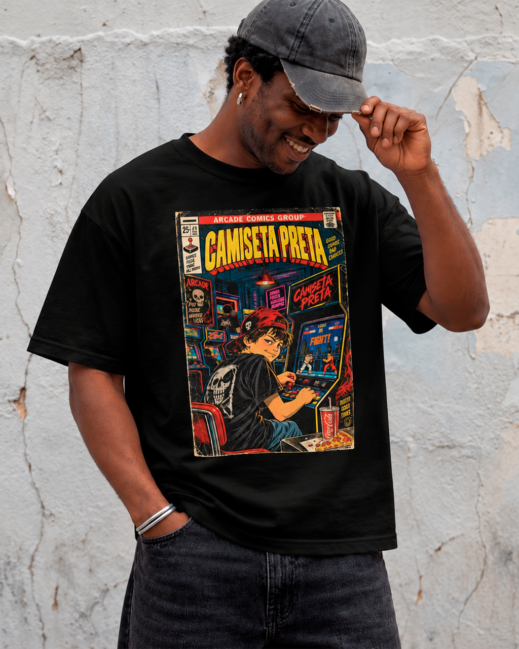 Camiseta Preta Fliperama Good Games Bad Choices